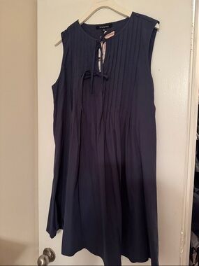 Searle & Oak Navy Pleated Sleeveless Mini Dress with Tie Neck